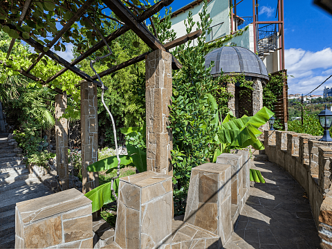 Гостевой дом с тропическим ландшафтом двора.